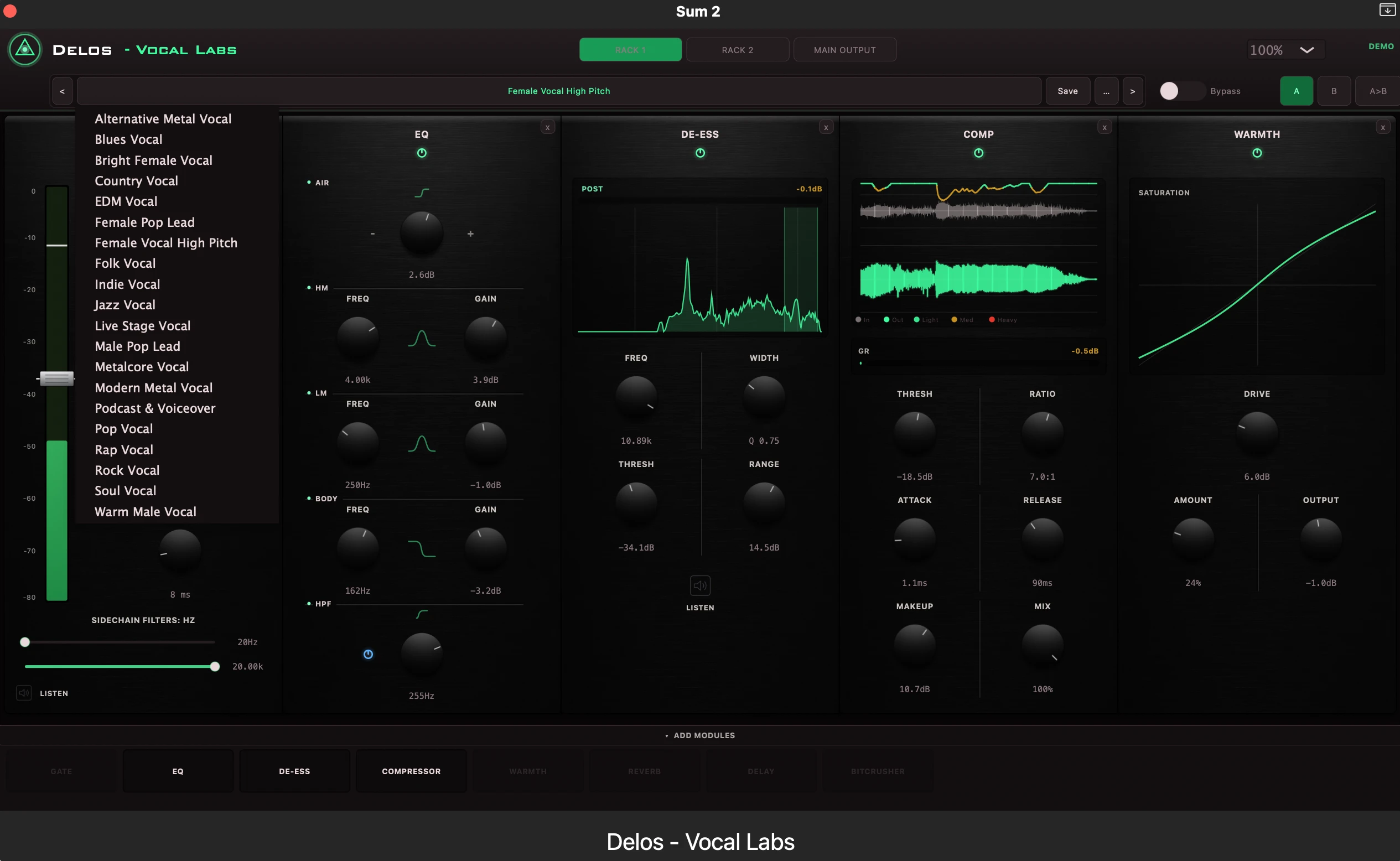 VOCAL LABS: 20 genre-built factory presets